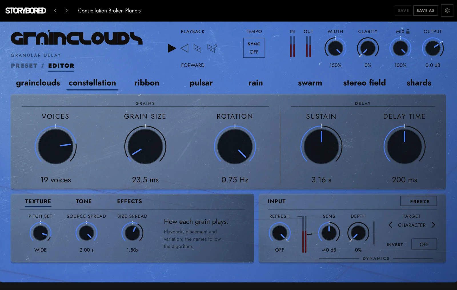 GRAINCLOUDS on constellation: the panel in its constellation colour, with its knobs named for constellation