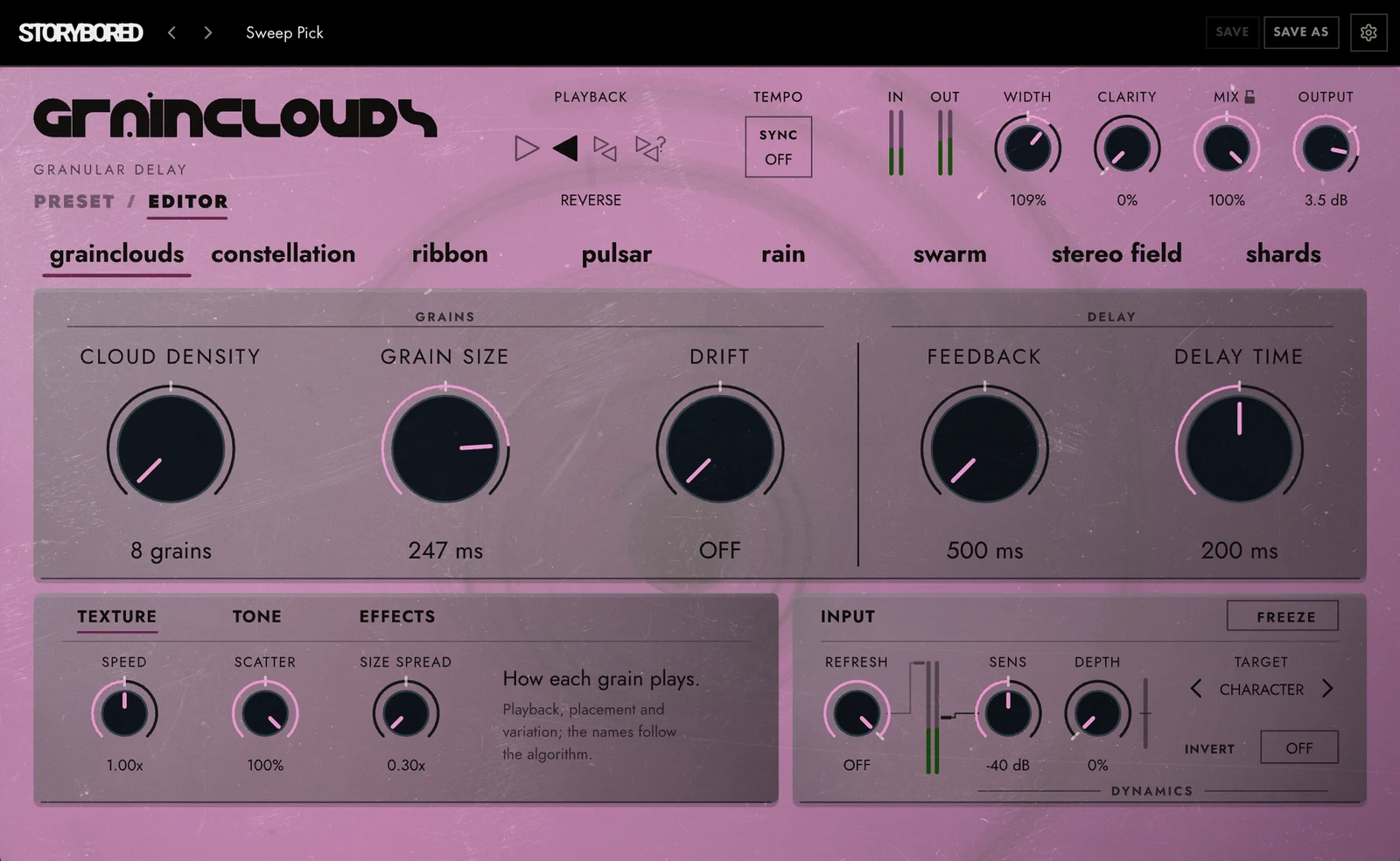 GRAINCLOUDS on grainclouds: the panel in its grainclouds colour, with its knobs named for grainclouds