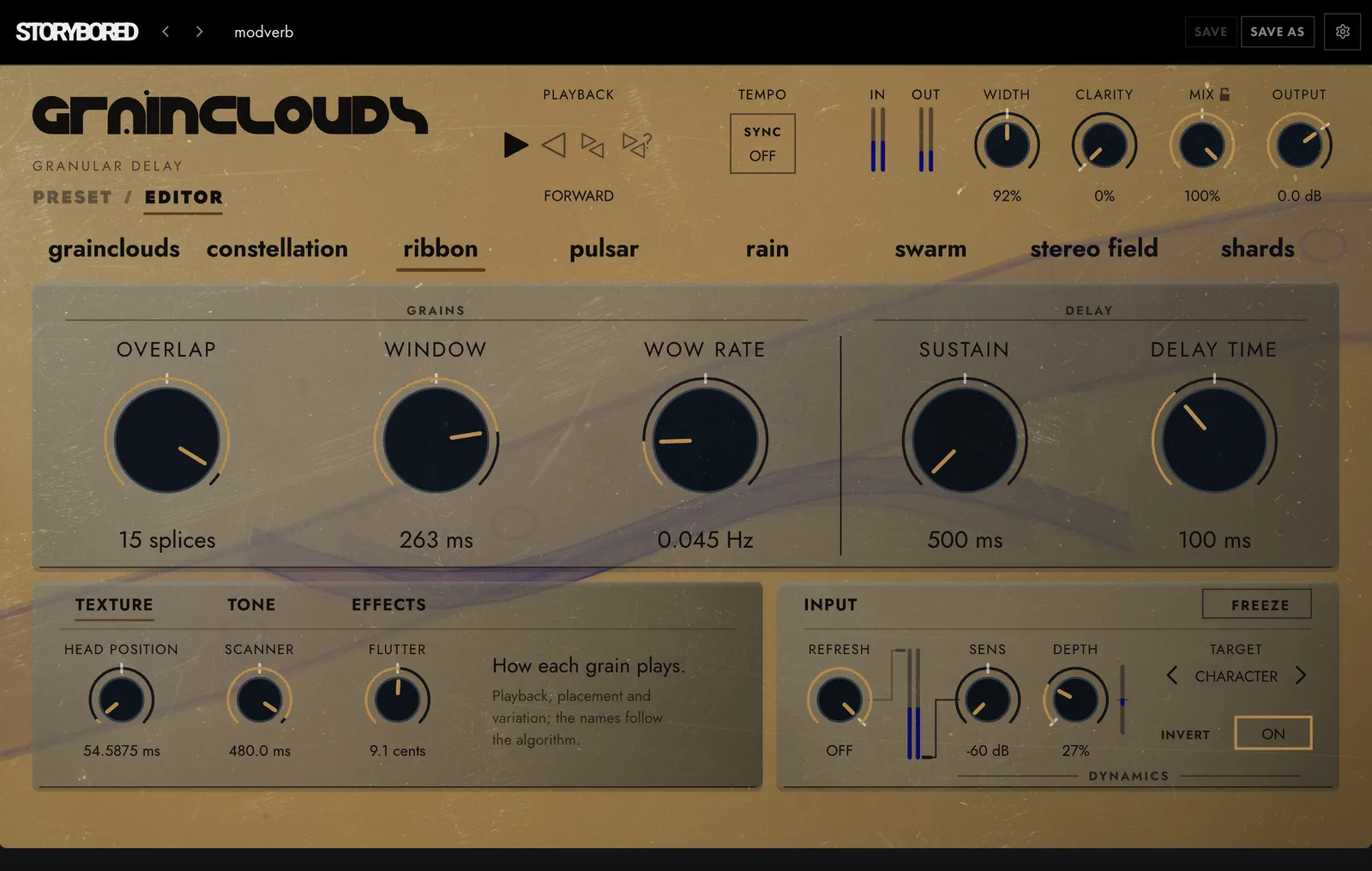 GRAINCLOUDS on ribbon: the panel in its ribbon colour, with its knobs named for ribbon