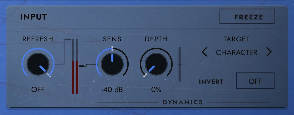 the INPUT section: REFRESH, SENS and DEPTH, the DYNAMICS TARGET set to CHARACTER, INVERT and FREEZE