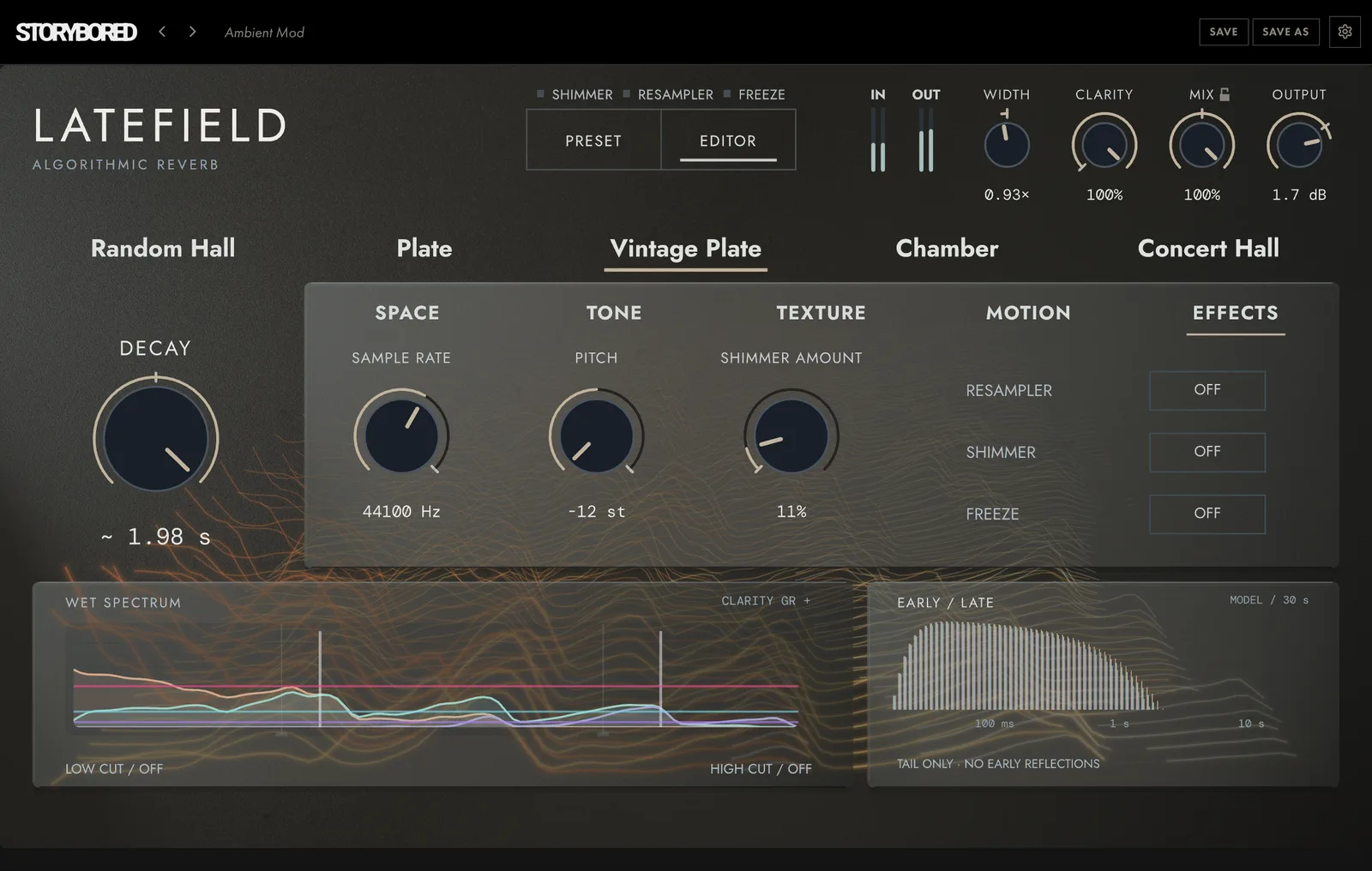 LATEFIELD on Vintage Plate, editor open on EFFECTS: SAMPLE RATE, PITCH and SHIMMER AMOUNT, with RESAMPLER, SHIMMER and FREEZE switches