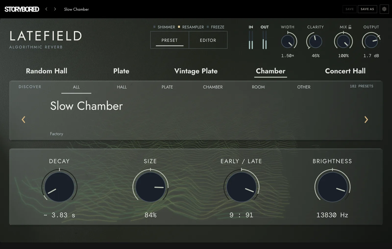 LATEFIELD on Chamber: the five rooms across the top, the preset browser on Slow Chamber, and DECAY, SIZE, EARLY / LATE and BRIGHTNESS