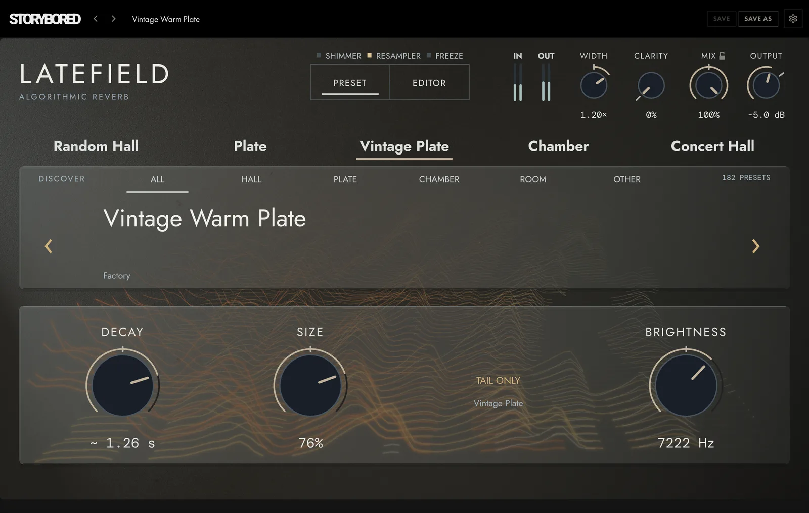 the LATEFIELD preset browser on Vintage Warm Plate, filtered by HALL, PLATE, CHAMBER, ROOM and OTHER, 182 presets