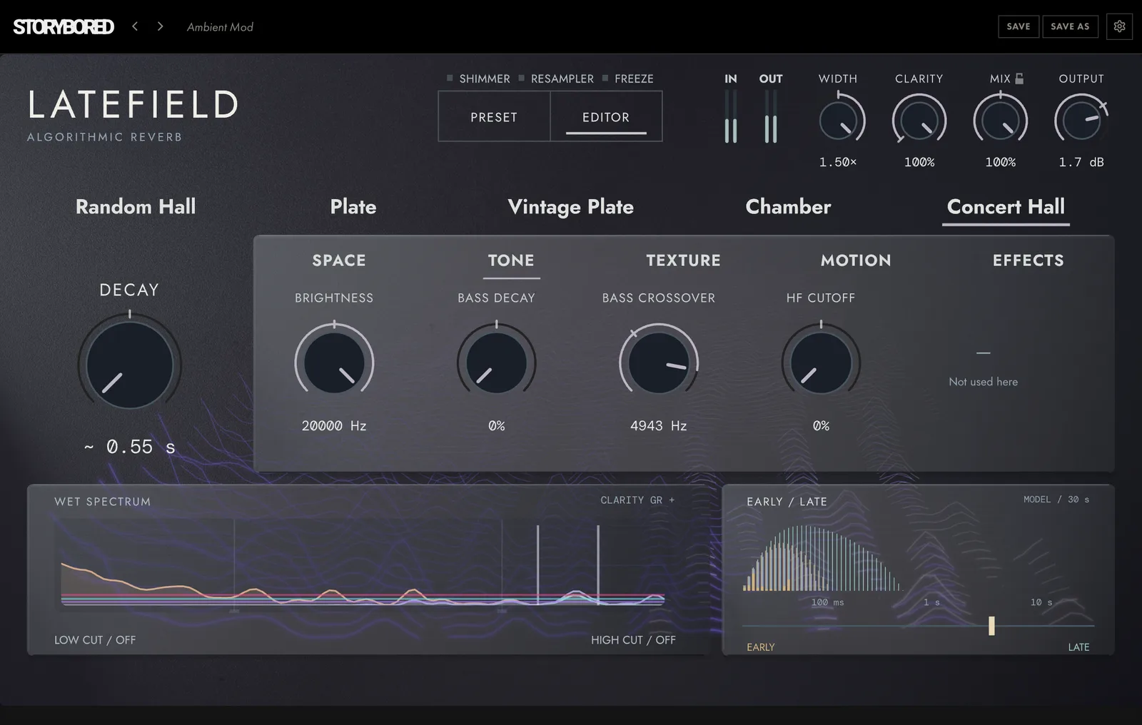 LATEFIELD on Concert Hall, editor open on TONE: BRIGHTNESS, BASS DECAY, BASS CROSSOVER and HF CUTOFF beside DECAY, with the wet spectrum and EARLY / LATE displays below