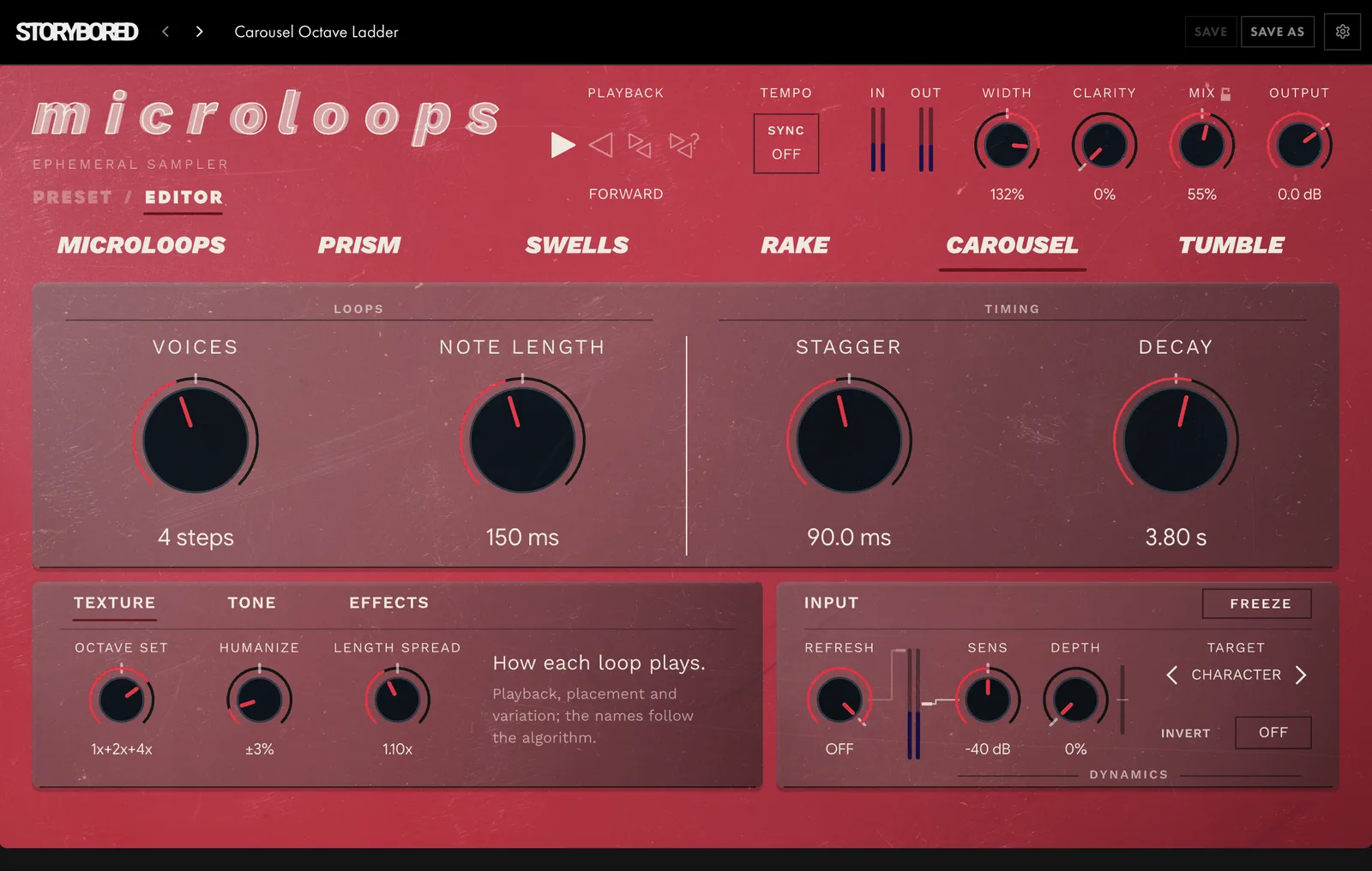 microloops on CAROUSEL: the panel in its CAROUSEL colour, with its knobs named for CAROUSEL