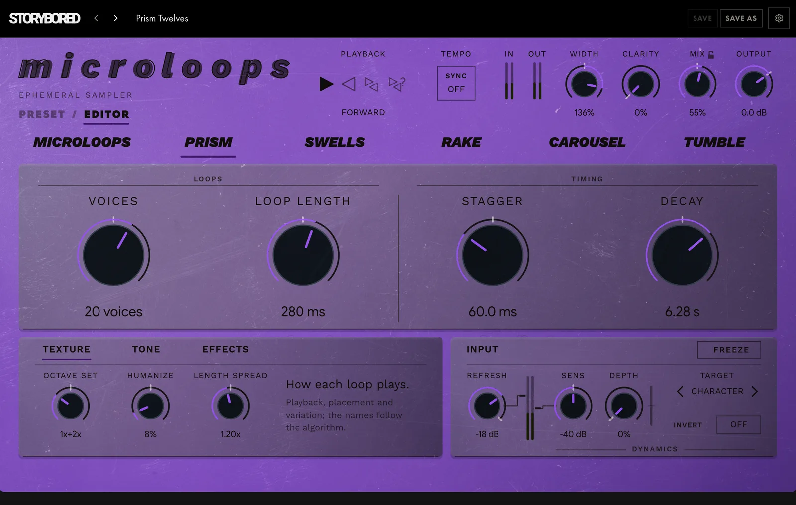 microloops on PRISM: the panel in its PRISM colour, with its knobs named for PRISM