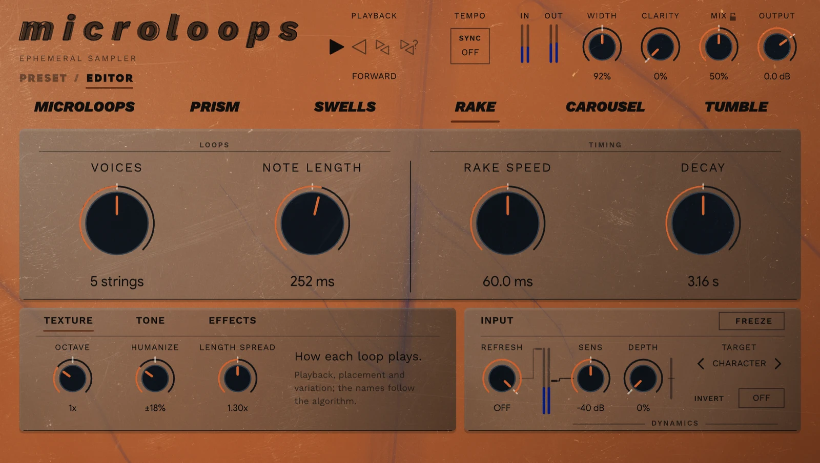 microloops on RAKE: the panel in its RAKE colour, with VOICES, NOTE LENGTH, RAKE SPEED and DECAY