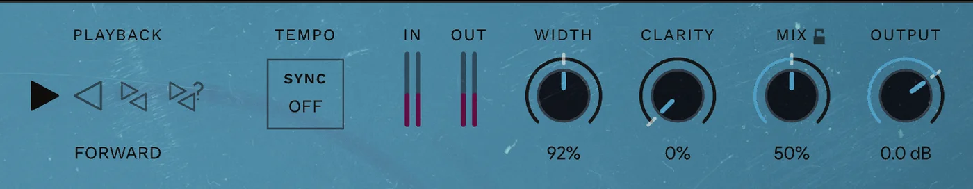 the microloops header: PLAYBACK, TEMPO SYNC, the IN and OUT meters, WIDTH, CLARITY, MIX and OUTPUT