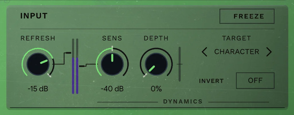 the INPUT section: REFRESH, SENS and DEPTH, the DYNAMICS TARGET set to CHARACTER, INVERT and FREEZE