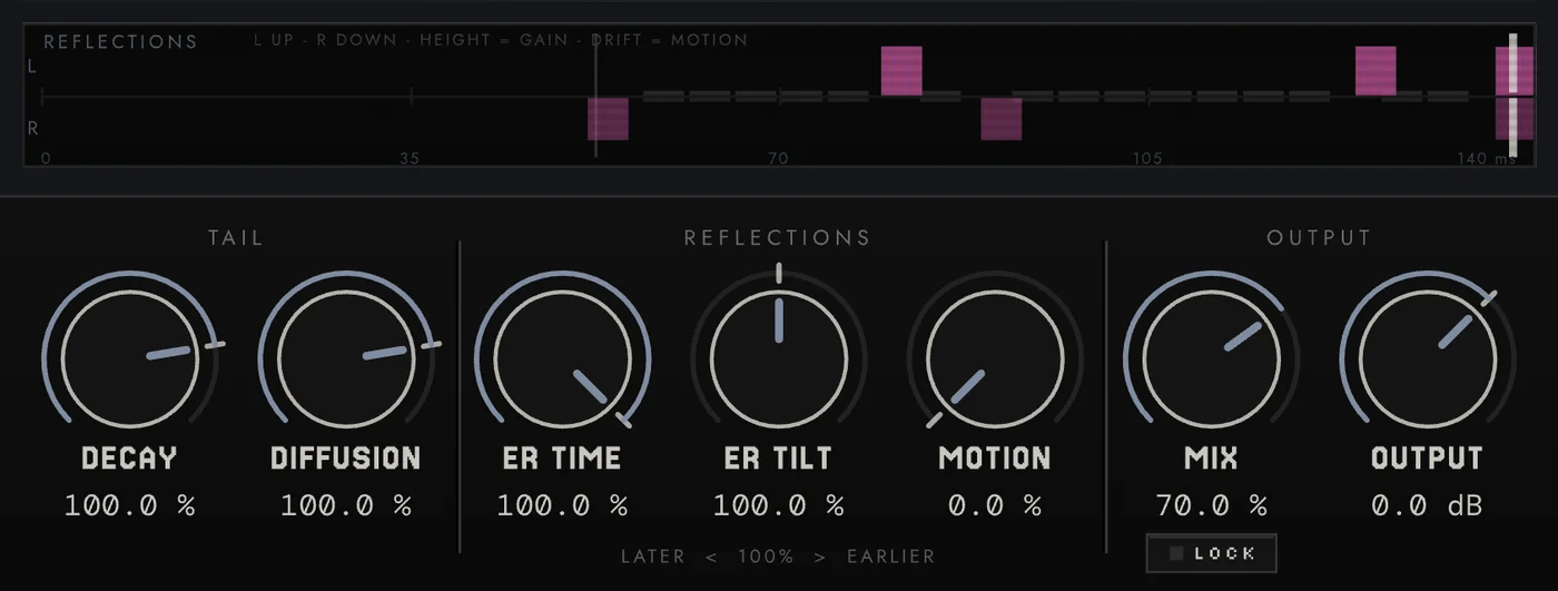 the REFLECTIONS display above the TAIL, REFLECTIONS and OUTPUT knobs: ER TIME, ER TILT and MOTION